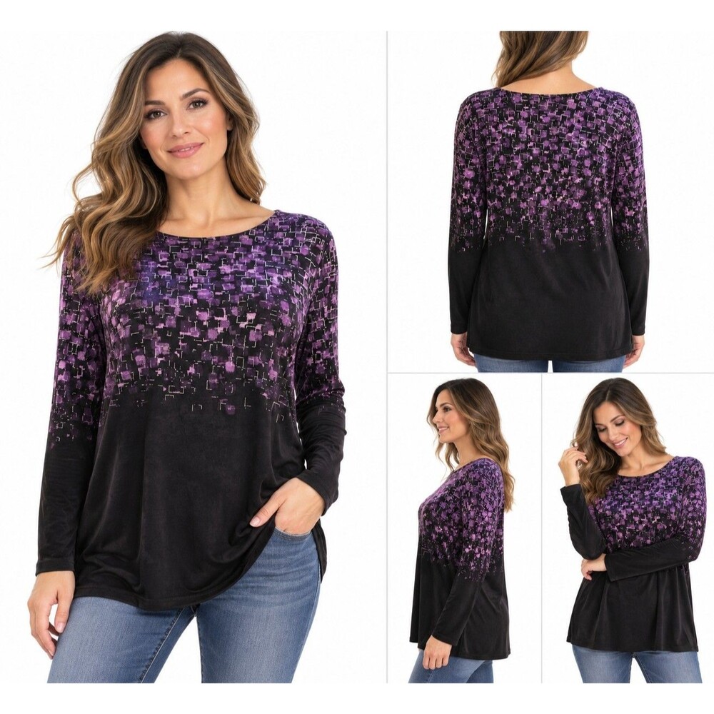 Susan Graver Women’s Medium Black Purple Geometric Long Sleeve Tunic Top